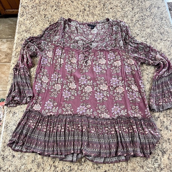 American Eagle Outfitters Tops - American Eagle Outfitters Mauve Floral Lace-Up peasant blouse mauve  voteu